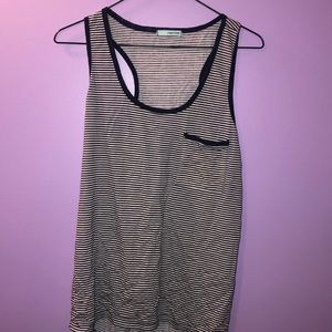 Maurice’s blue and white striped racer tank
